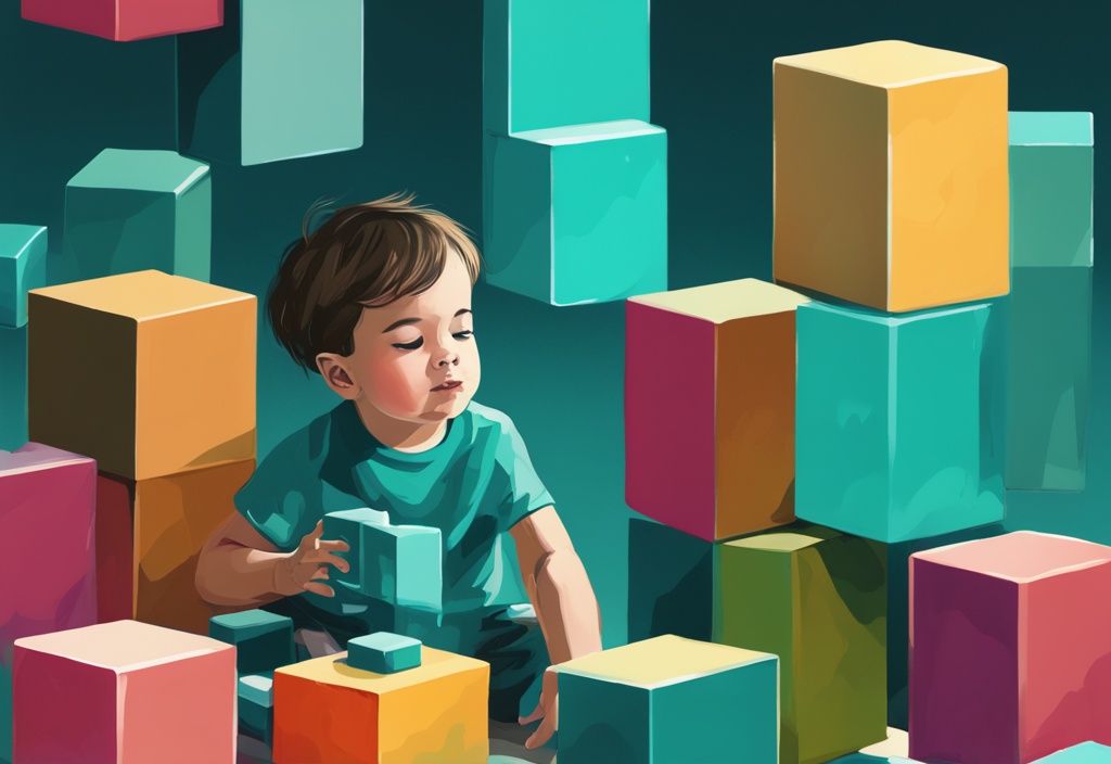 Ilustración digital moderna de un niño construyendo una torre de bloques coloridos, simbolizando el desarrollo personal en la primera infancia.