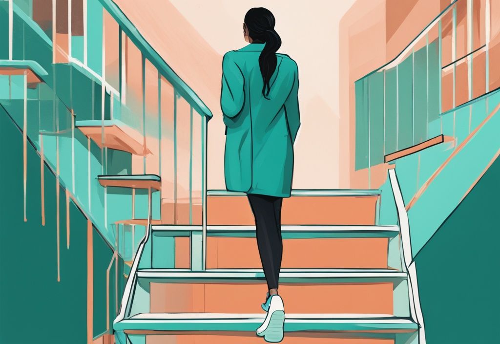 Ilustración digital moderna en tonos de color teal de una persona de pie en la cima de una escalera, con cada escalón etiquetado con etapas de desarrollo personal como empatía, aprendizaje, resiliencia, autoconciencia y ambición, representando que significa crecer como persona.