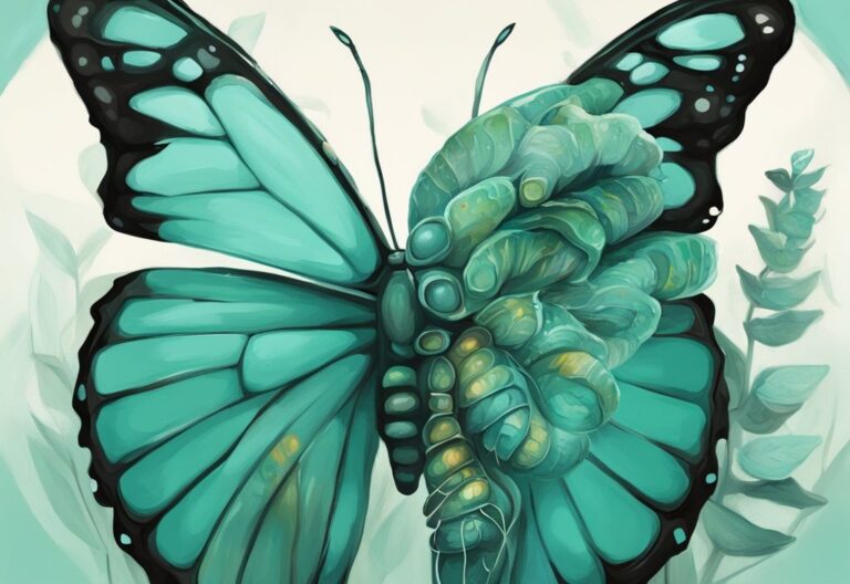 Ilustración digital moderna en tonos teal que muestra el proceso de desarrollo de una mariposa, desde oruga hasta crisálida y mariposa, sinónimo de desarrollo personal.