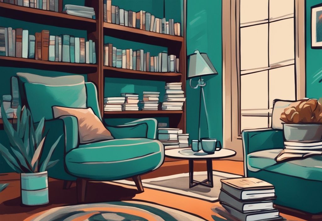 Ilustración digital moderna con libros de autoayuda apilados en un rincón de lectura acogedor, una taza de café caliente y gafas al lado, con un tema de color principal en tonos teal.