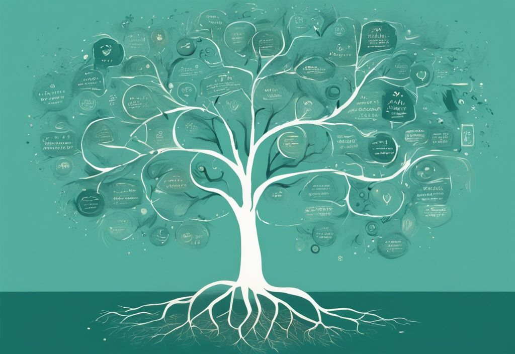 Ilustración digital moderna en tonos teal de un árbol floreciente con habilidades y hábitos como 'mentalidad de crecimiento', 'gestión del tiempo', 'comunicación', 'establecimiento de metas', 'inteligencia emocional' y 'resiliencia', simbolizando porque es importante el desarrollo personal.