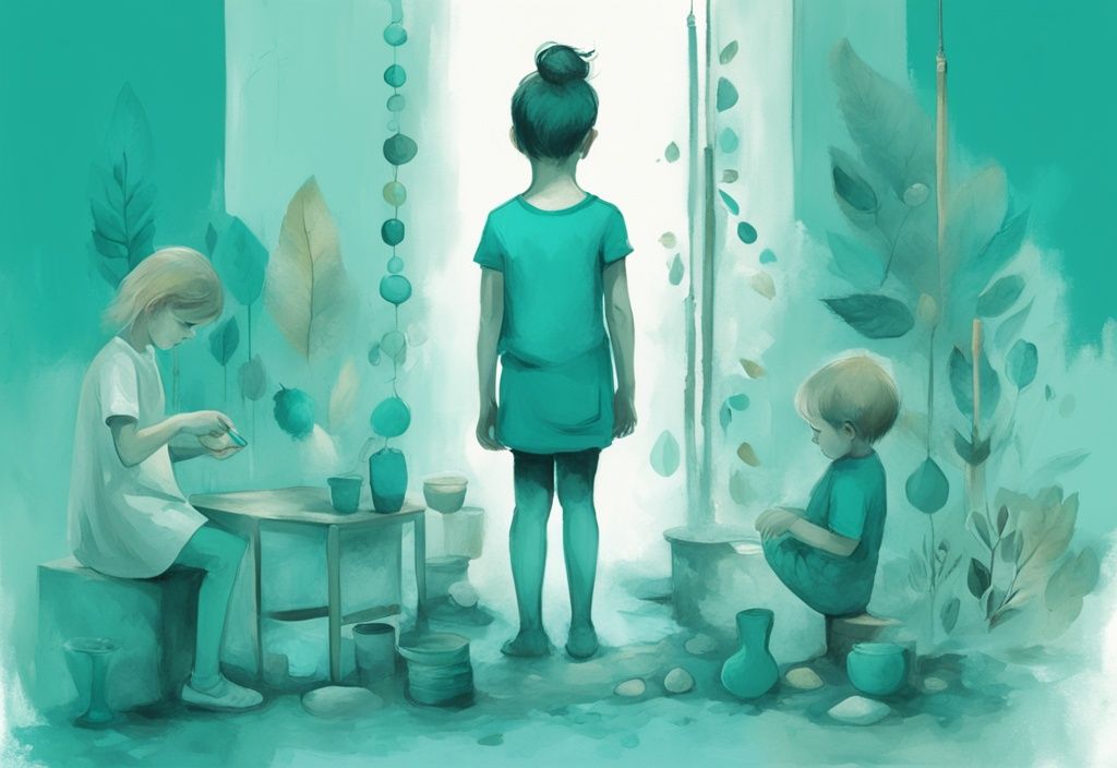 Ilustración digital moderna que muestra el crecimiento de un niño en diferentes etapas con objetos simbólicos relacionados con su desarrollo psicológico, tema de color principal teal.