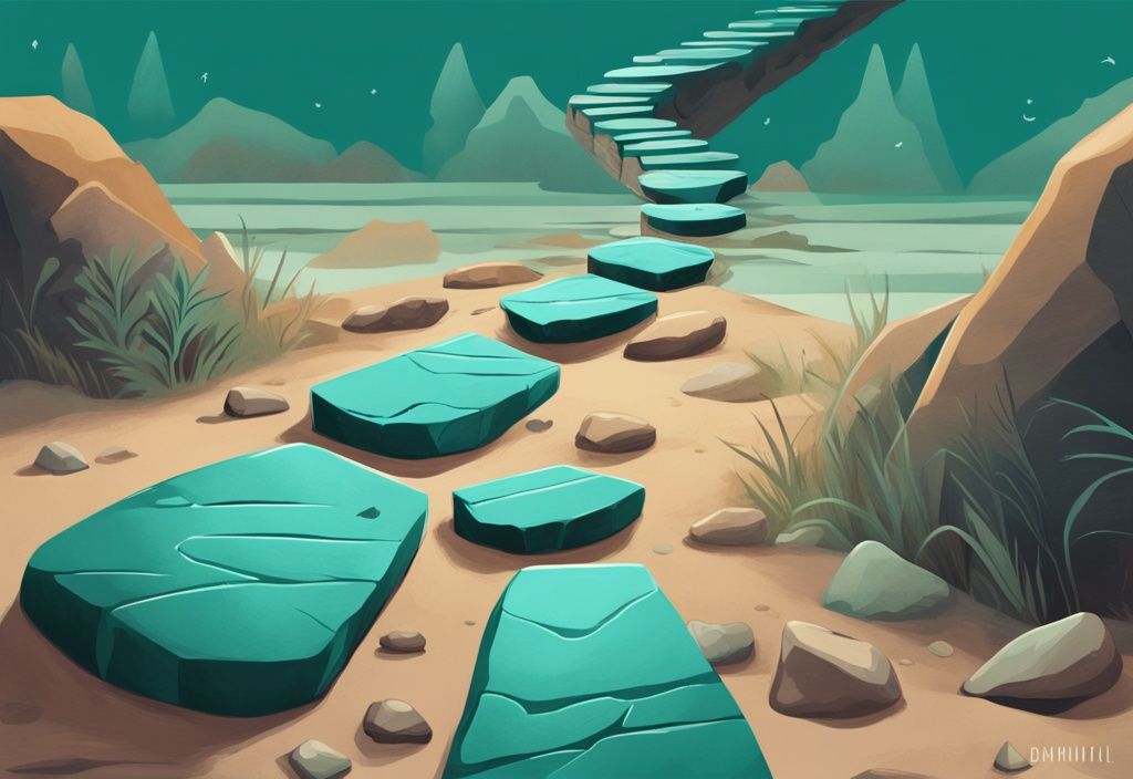 Ilustración digital moderna en tonos de teal que muestra piedras escalonadas en una colina, cada una marcada con ejemplos de desarrollo personal como resiliencia, motivación, establecimiento de metas y comunicación.