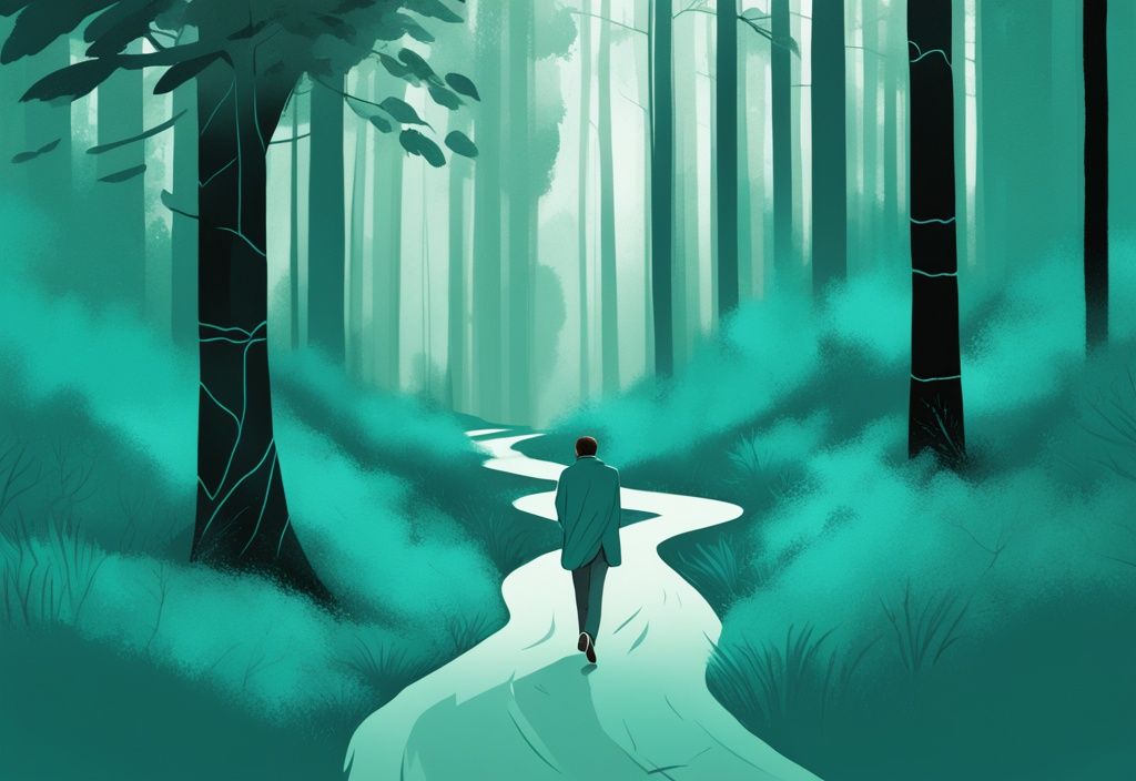 Ilustración digital moderna en tonos teal de una persona contemplando dos caminos divergentes, uno marcado 'Crecimiento Personal' y el otro 'Crecimiento Profesional', en un entorno sereno de bosque.