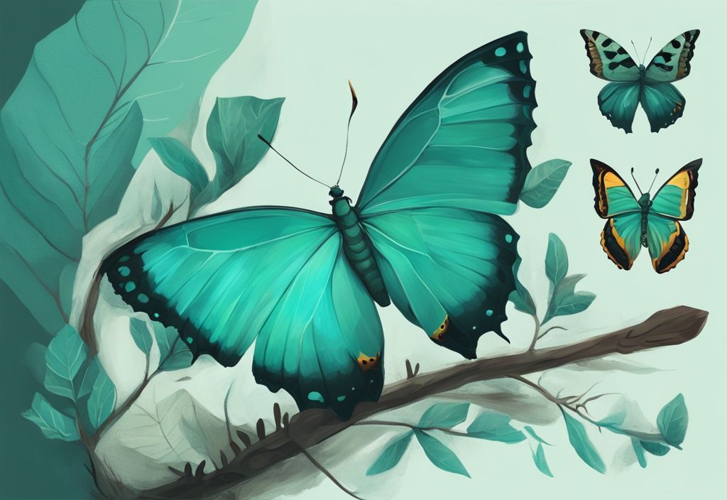 Ilustración digital moderna en tonos de color teal que muestra el proceso de desarrollo de una mariposa, desde oruga hasta crisálida y mariposa, simbolizando un sinónimo de desarrollo personal.