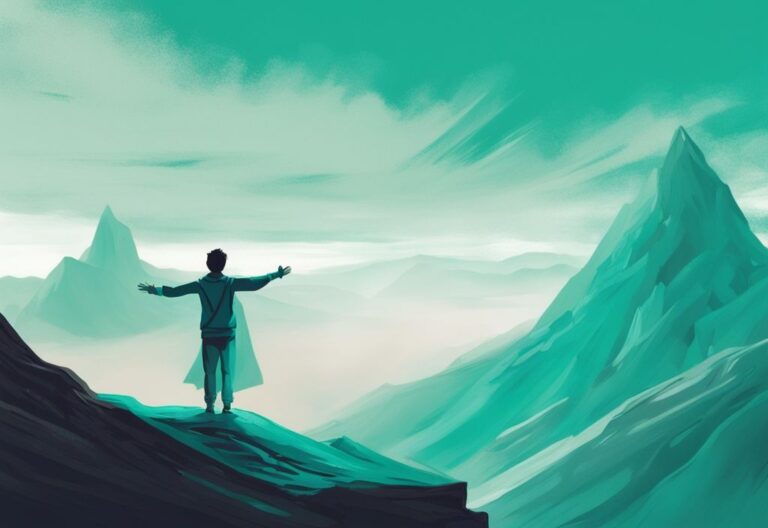 Persona en una cima con brazos extendidos, contemplando un vasto paisaje, simbolizando realización personal y libertad, ilustración digital moderna en tonos de color teal.