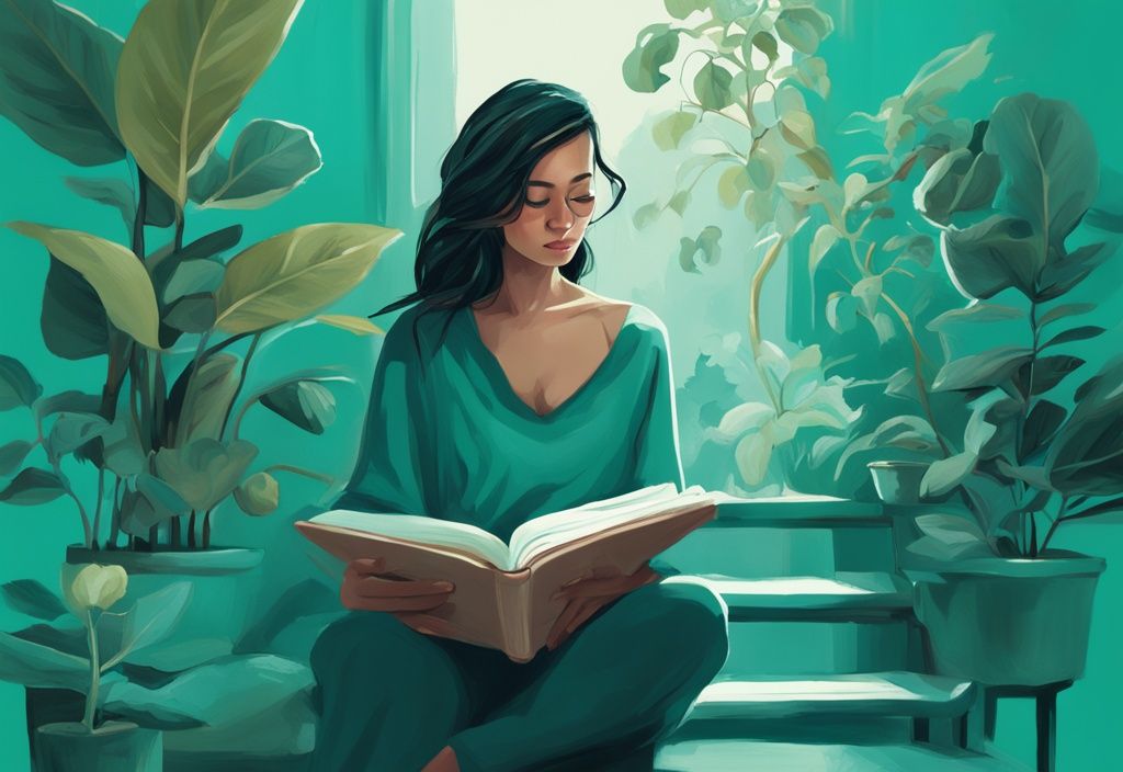 Ilustración moderna en tonos teal de una mujer leyendo un libro titulado 'Desarrollo Personal Psicología', rodeada de símbolos de crecimiento como una planta floreciente y una escalera ascendente en un ambiente sereno.