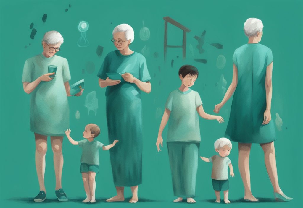 Ilustración digital moderna en tonos teal que muestra las etapas de la vida humana, desde la infancia hasta la vejez, destacando el crecimiento emocional y los cambios de mentalidad en cada fase.