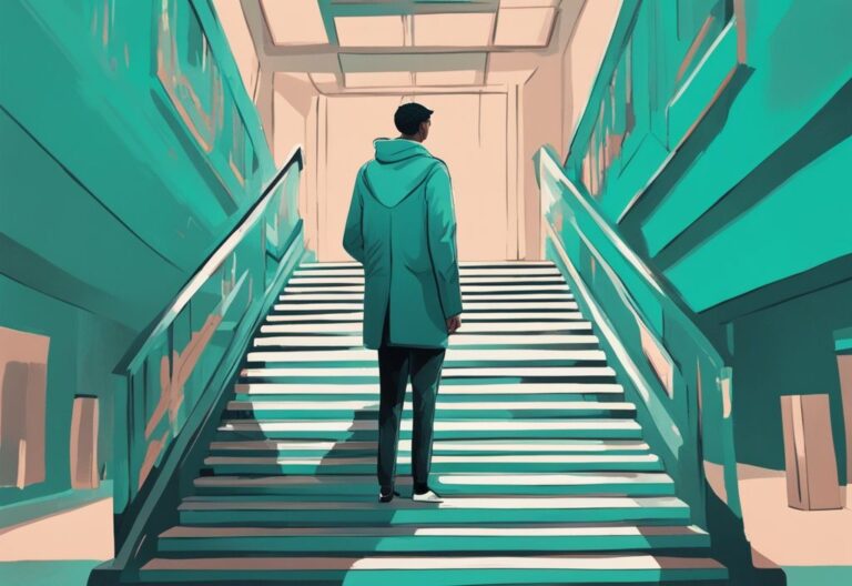 Ilustración digital moderna con tema de color teal, mostrando a una persona en la cima de una escalera con etapas de desarrollo personal como empatía, aprendizaje, resiliencia, autoconciencia y ambición, que significa crecer como persona.