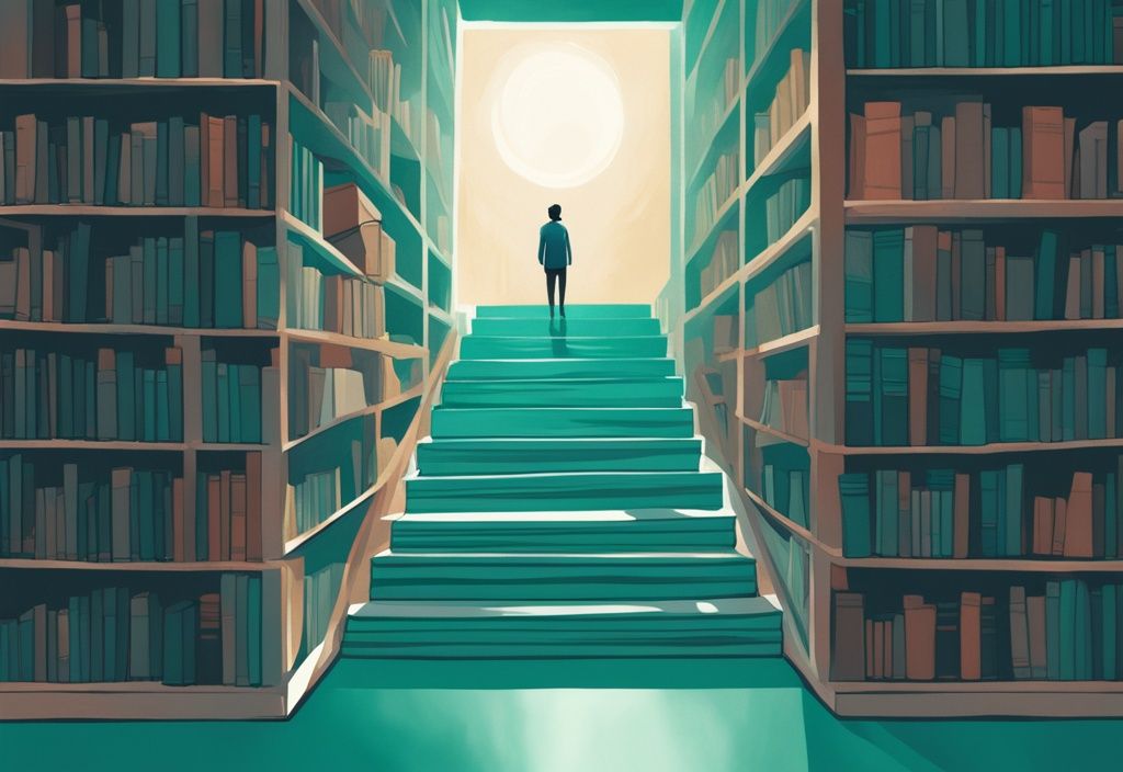 Ilustración digital moderna con tema de color teal, persona al pie de una escalera de libros mirando hacia una luz brillante simbolizando metas futuras y desarrollo personal.