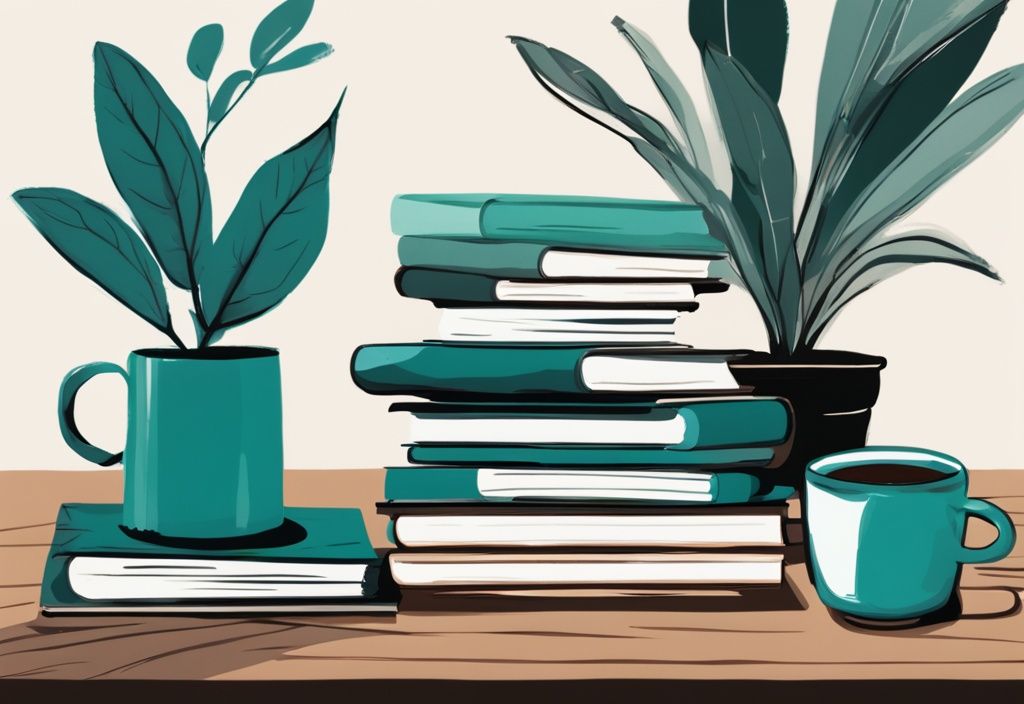 Ilustración digital moderna con libros sobre desarrollo personal y liderazgo en una mesa de madera, acompañados de una planta vibrante y una taza de café, con un tema de color principal en tonos teal.