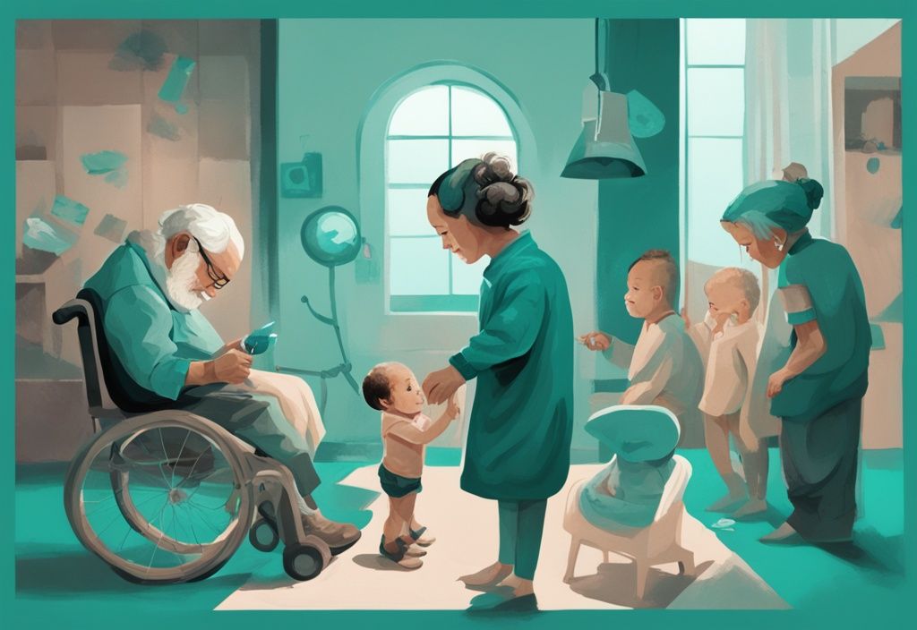 Ilustración digital moderna en tonos teal que muestra las etapas de la vida humana desde la infancia hasta la vejez, destacando el crecimiento emocional y los cambios de mentalidad en cada etapa.