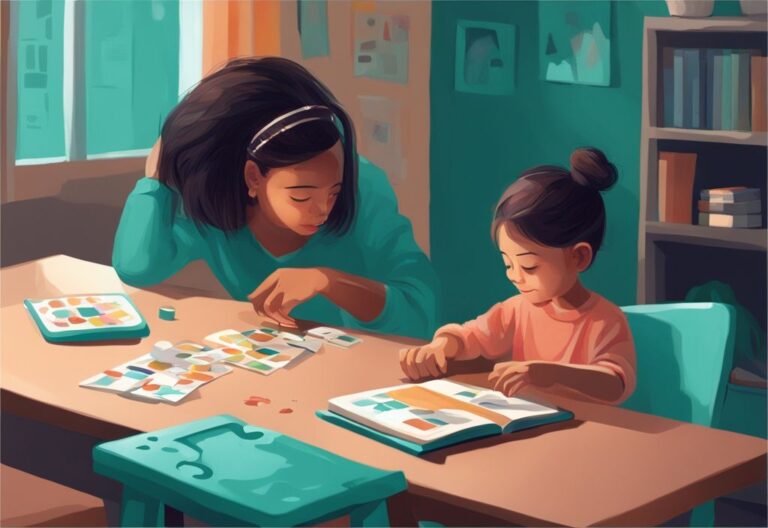 Ilustración digital moderna en color teal de un niño y un adulto en una mesa, realizando actividades educativas como lectura, pintura y resolución de rompecabezas, simbolizando etapas del desarrollo cognitivo en psicología de desarrollo.