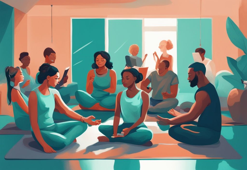 Ilustración digital moderna con tema principal en color turquesa, mostrando un grupo diverso de personas realizando actividades como lectura, meditación, oratoria y ejercicio físico, simbolizando diversos temas de desarrollo personal.