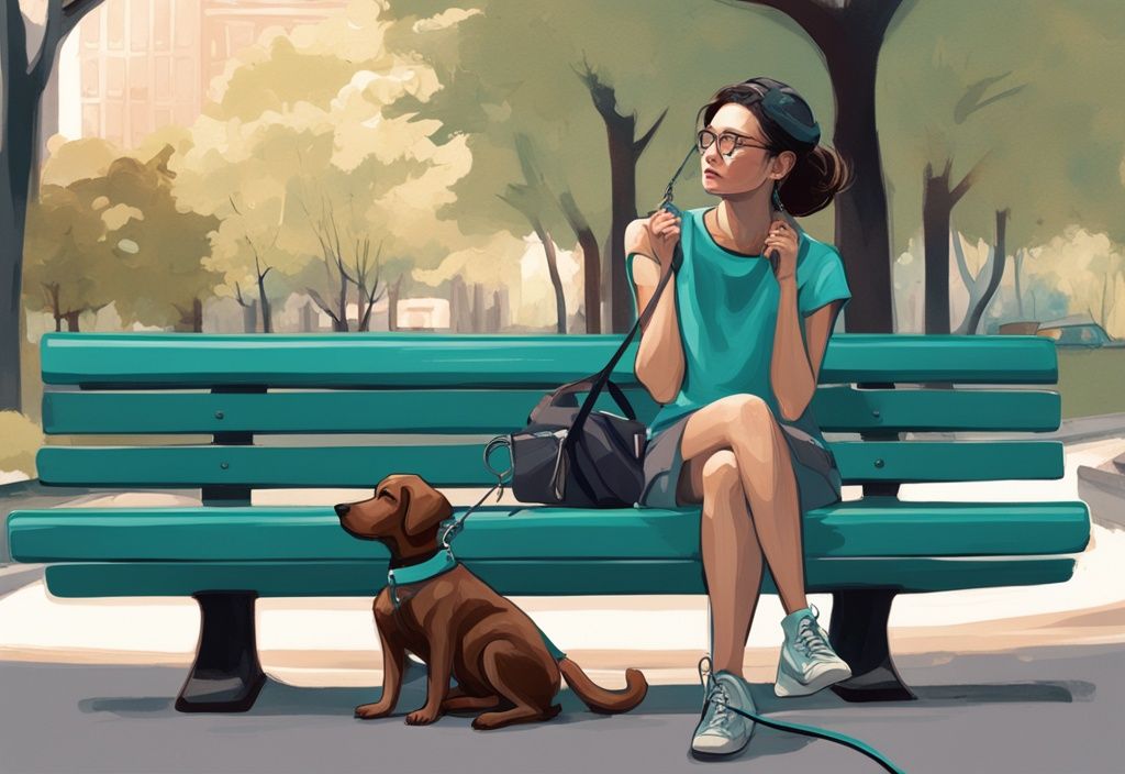 Ilustración digital moderna en tonos teal de una joven leyendo en un banco del parque con una correa de perro en la muñeca y una bicicleta apoyada cerca.