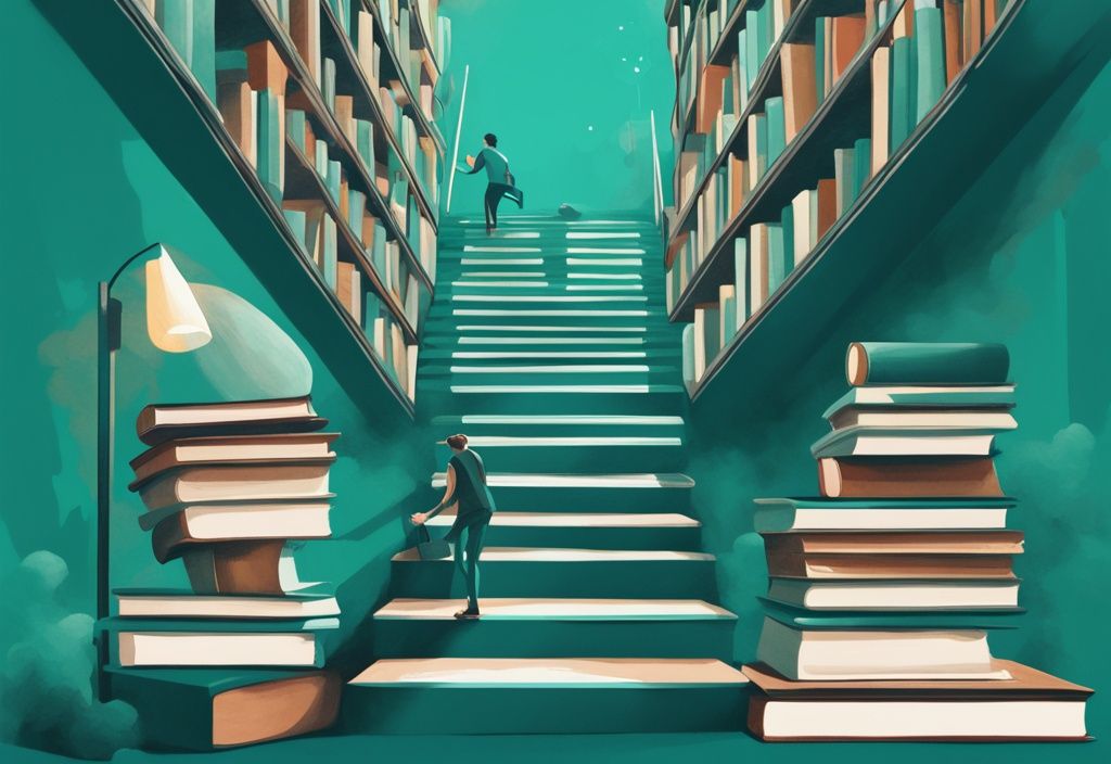 Ilustración digital moderna en tonos teal de una persona subiendo una escalera de libros que simboliza temas clave de desarrollo personal como establecimiento de metas, autoconciencia, motivación y resiliencia.