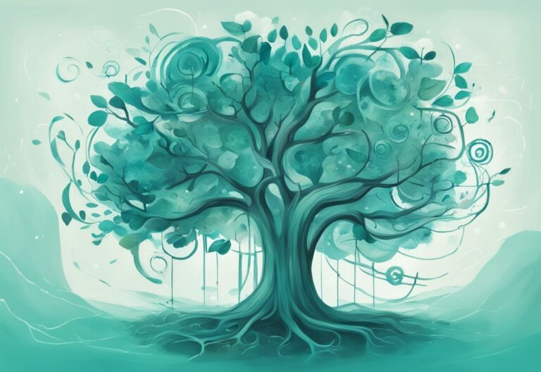 Ilustración digital moderna con tema de color teal, mostrando un árbol floreciente con habilidades y hábitos como 'mentalidad de crecimiento', 'gestión del tiempo', 'comunicación', 'establecimiento de metas', 'inteligencia emocional' y 'resiliencia' en cada rama, simbolizando porque es importante el desarrollo personal.