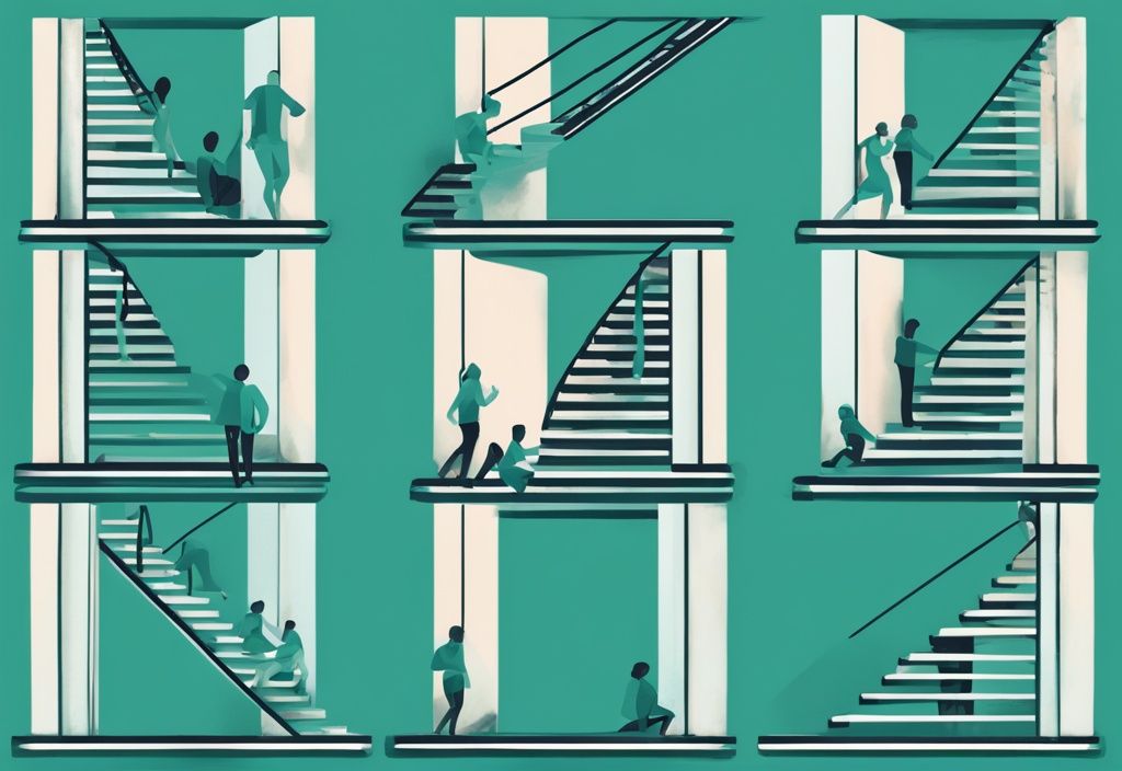 Ilustración digital moderna en tonos de color teal que muestra a una persona subiendo una escalera con etapas del desarrollo personal como autoconciencia, auto-mejora, auto-dominio y auto-trascendencia.