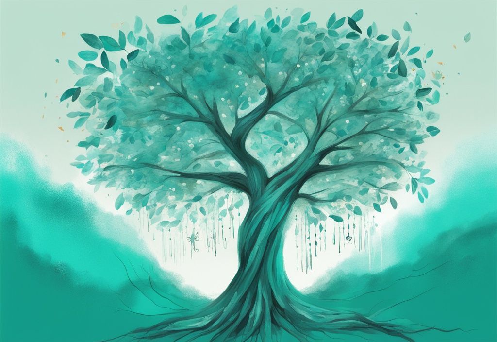 Ilustración digital moderna de un árbol floreciente con hojas que contienen frases inspiradoras sobre el amor propio y el crecimiento personal, en una paleta de colores teal.