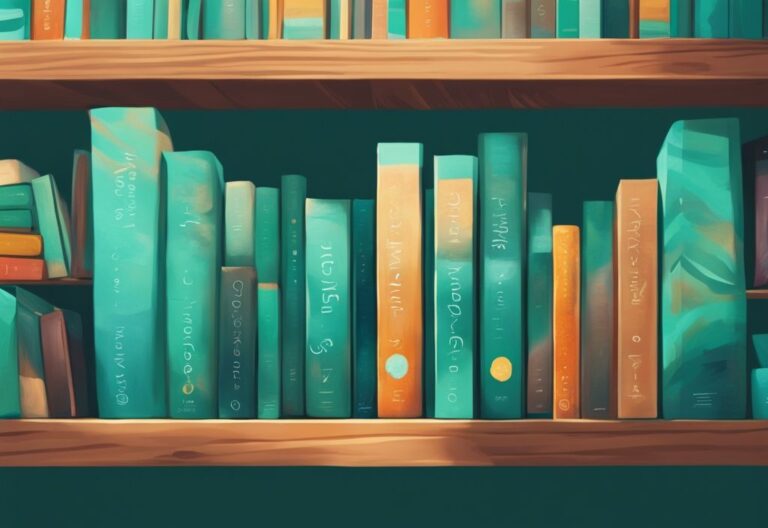 Ilustración digital moderna con libros de desarrollo personal en una estantería de madera, iluminados con luz cálida, y con un tema de color principal en tonos teal.