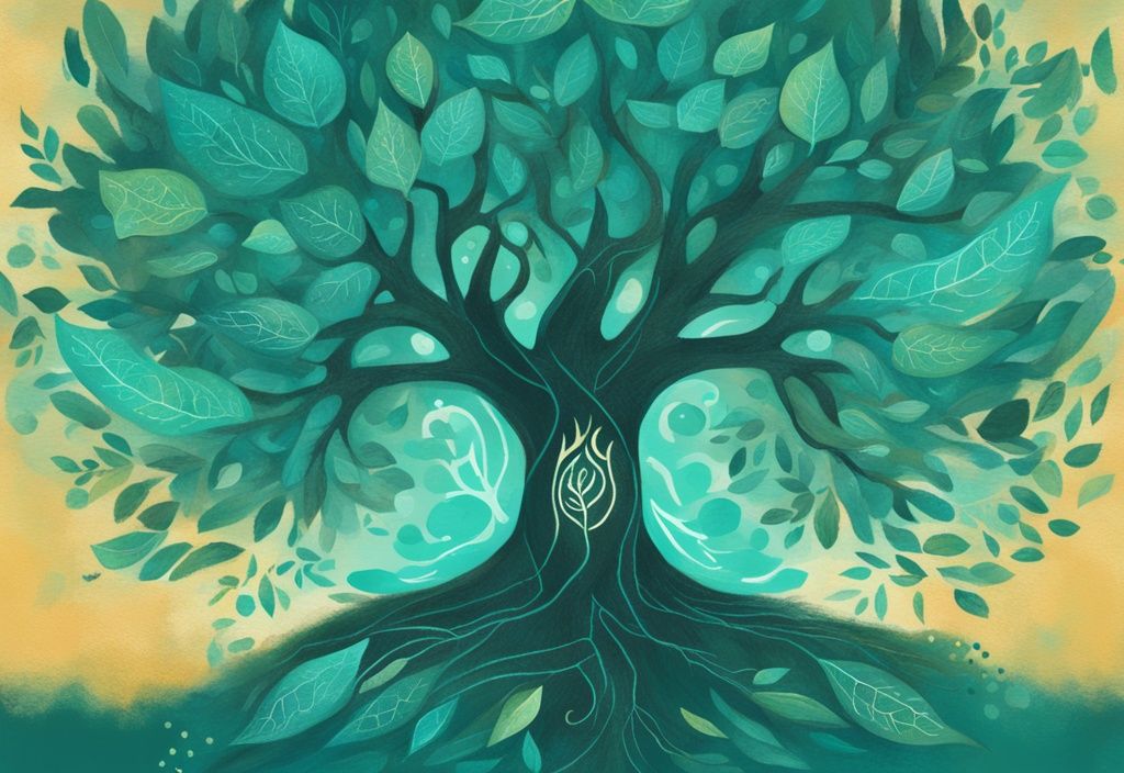 Ilustración digital moderna con un árbol floreciente iluminado en tonos de color teal, con palabras de empoderamiento como crecimiento, auto-mejora, transformación y progreso inscritas en sus hojas y corteza, simbolizando el desarrollo personal.