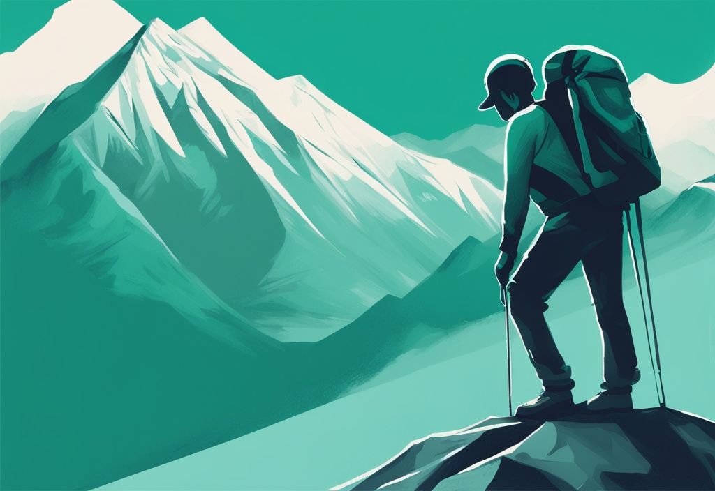 Ilustración digital moderna con tema de color teal, persona mirando camino de escalada hacia una cima de montaña con una bandera que dice "Mejora".