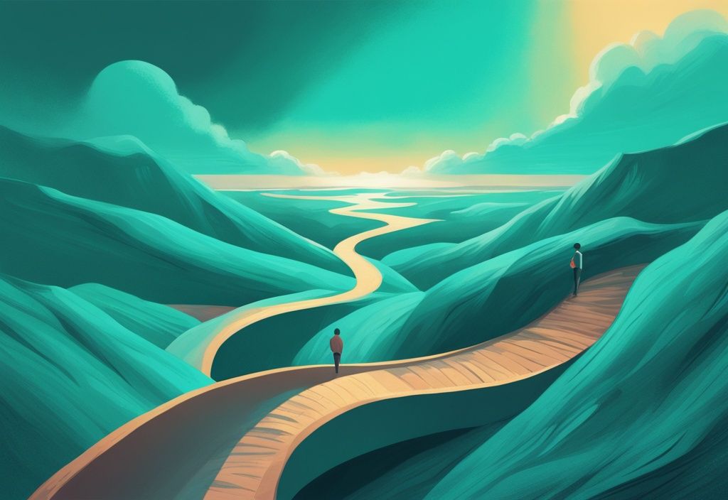 Ilustración digital moderna con tema de color teal, persona en inicio de camino sinuoso hacia un horizonte brillante, simbolizando el viaje de desarrollo personal.