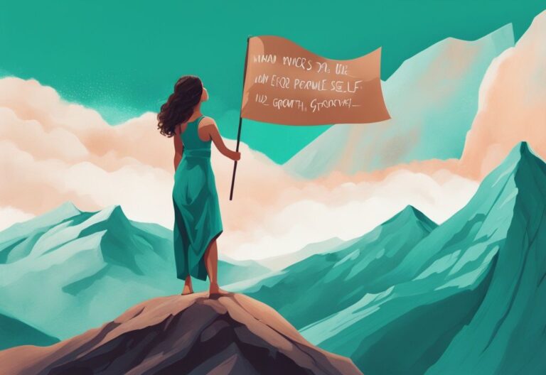 Ilustración digital moderna de una mujer en la cima de una montaña sosteniendo un cartel con frases de superación personal y autoestima para mujeres en un tema de color teal.