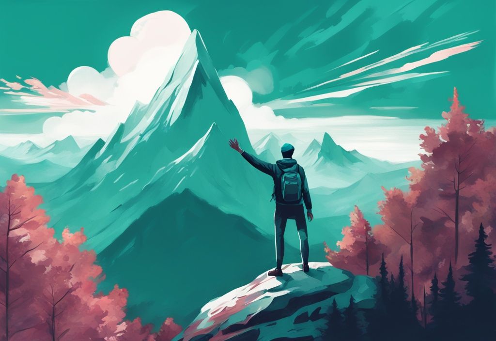 Ilustración digital moderna de una persona en la cima de una montaña con los brazos extendidos, rodeada de un panorama de valles y bosques, en tonos de color teal.