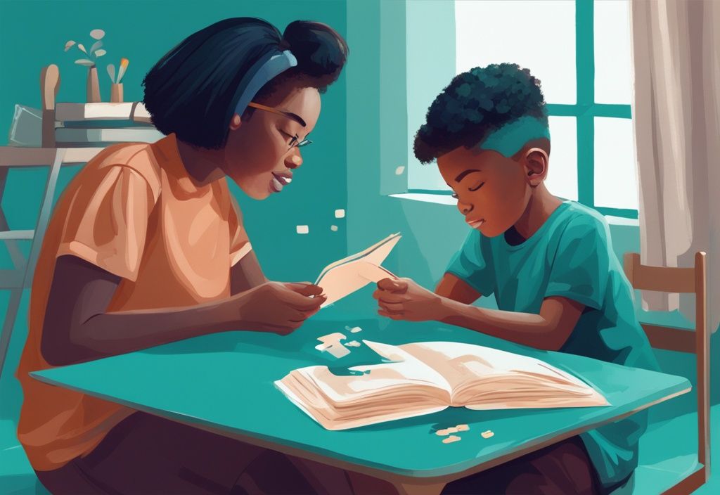 Ilustración digital moderna en tonos de color teal que muestra a un niño y un adulto sentados en una mesa realizando actividades educativas como leer, pintar y resolver rompecabezas, simbolizando las etapas del desarrollo cognitivo en la psicología de desarrollo.