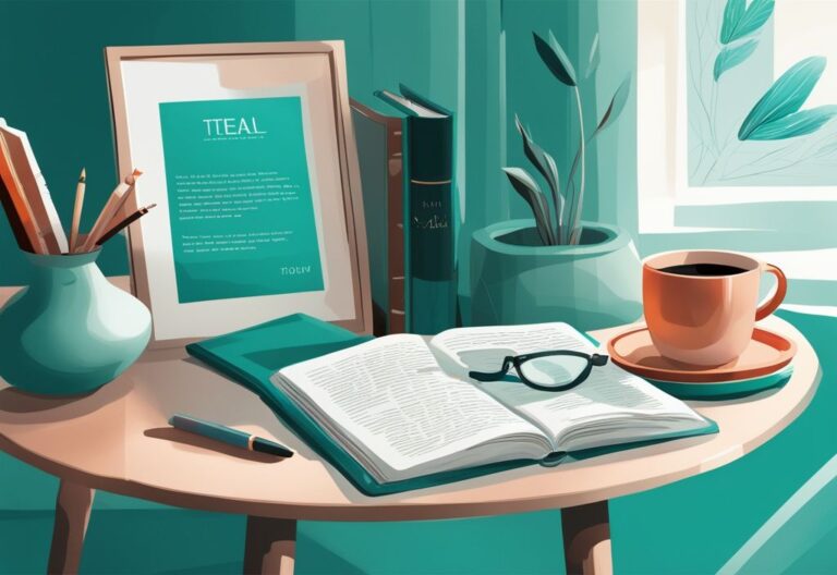 Ilustración digital moderna con tema en color teal, libros de desarrollo personal y liderazgo esparcidos sobre un escritorio con gafas de lectura y una taza de café cercana.