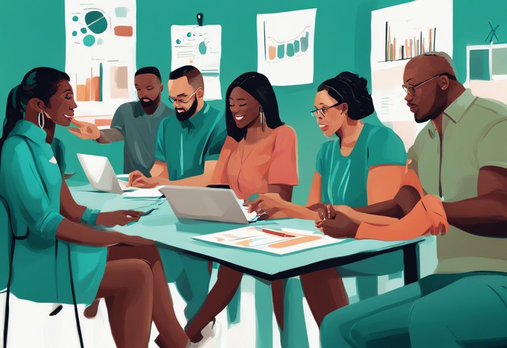 Ilustración digital moderna en tonos de teal con un grupo diverso de personas participando en un taller sobre desarrollo personal, con presentador y visuales de herramientas y diagramas de auto-mejora.