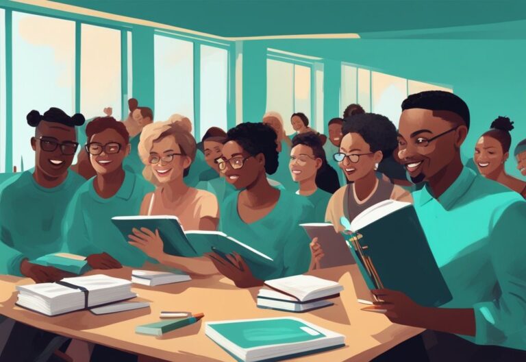 Ilustración digital moderna en tonos de teal con un grupo diverso de personas participando en un entorno de aula, sosteniendo libros o tabletas, simbolizando un desarrollo personal curso.