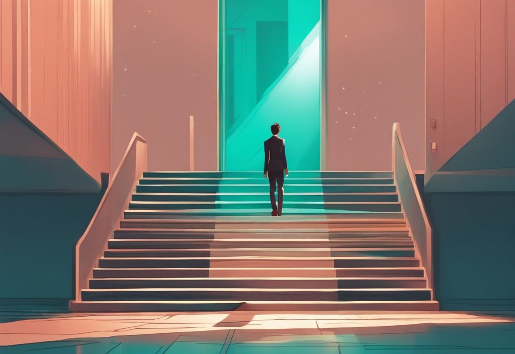 Ilustración digital moderna en tonos de teal de una persona al pie de una escalera mirando hacia una puerta luminosa simbolizando su enfoque de desarrollo personal.