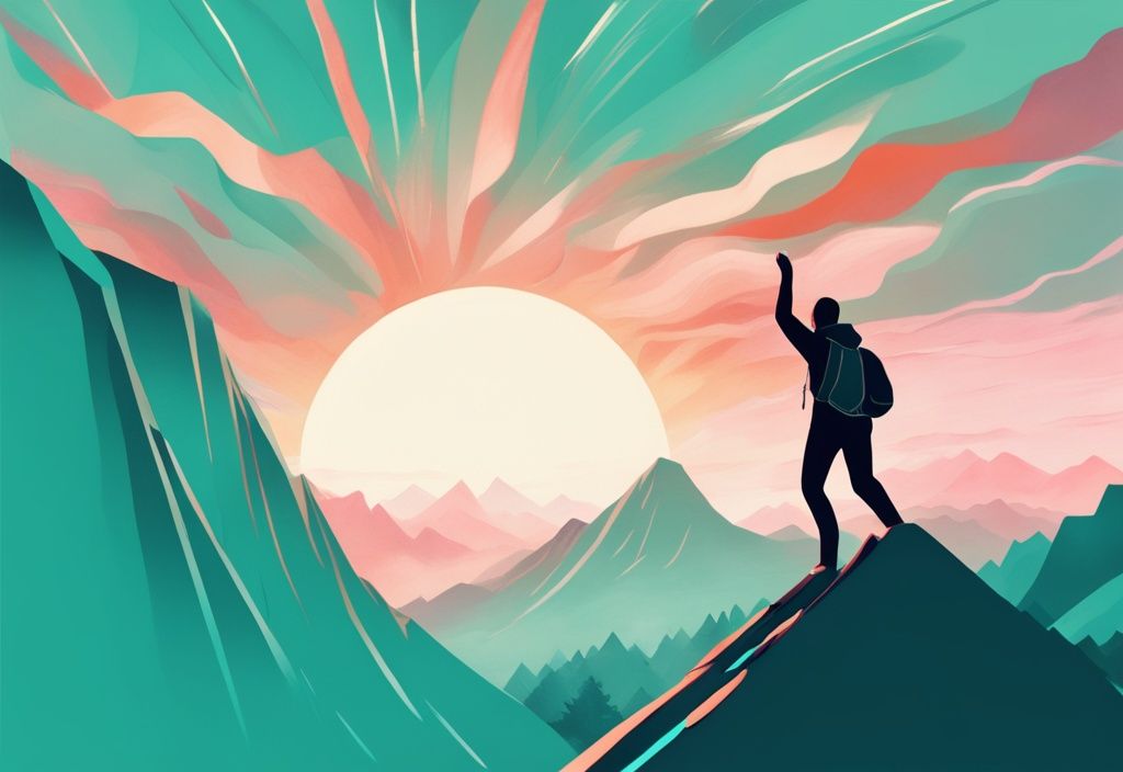 Ilustración digital moderna de una persona alcanzando la cima de una montaña al amanecer, simbolizando superar obstáculos y crecimiento personal, con tema de color principal en tonos teal.