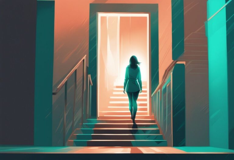 Ilustración digital moderna con tema de color teal, persona al pie de una escalera mirando hacia una puerta luminosa que simboliza el enfoque de desarrollo personal.