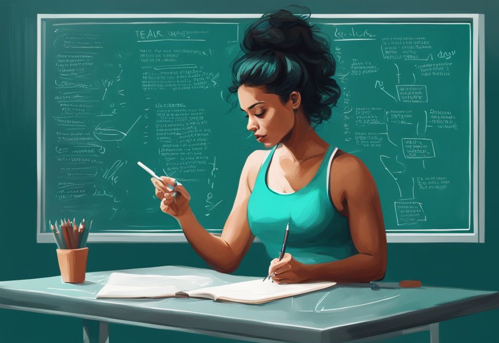 Ilustración digital moderna en tonos teal de una mujer escribiendo con compasión en una pizarra, enumerando aspectos de metas personales como fitness, carrera, aprendizaje, creatividad y relaciones.