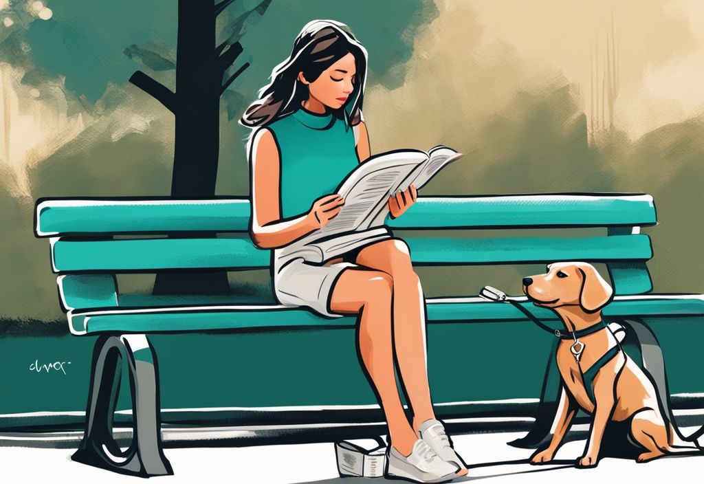 Ilustración digital moderna con tema principal en color teal: joven mujer sentada en un banco de parque leyendo un libro, con una correa de perro en la muñeca y una bicicleta apoyada cerca.