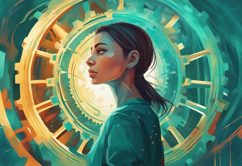 Ilustración digital moderna en tonos teal de una persona en el centro de una rueda dentada vibrante, absorbiendo flujos de luz que representan diversas habilidades.