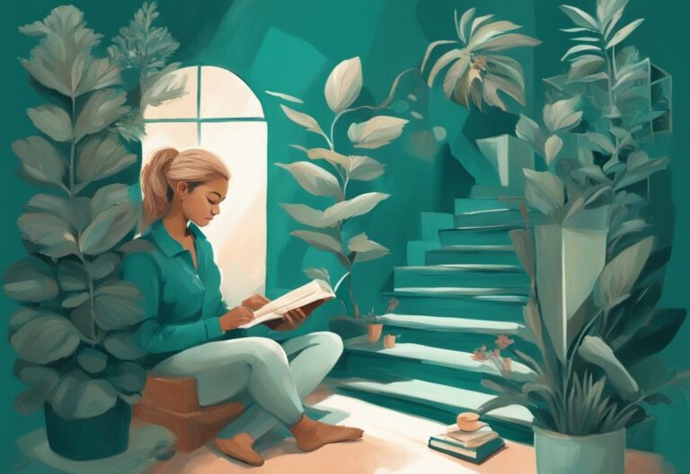 Ilustración digital moderna en tonos teal de una mujer leyendo un libro titulado 'Desarrollo Personal Psicología' en un entorno sereno, con símbolos de crecimiento y evolución como una planta floreciente y una escalera ascendente en el fondo.