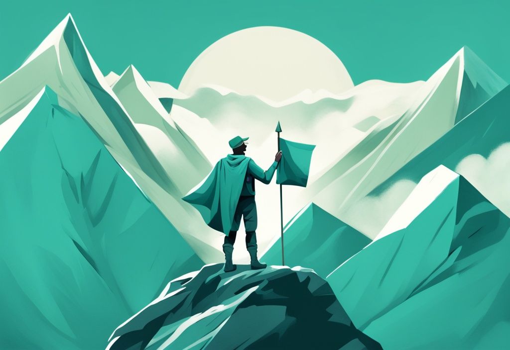 Ilustración digital moderna con tema principal en color turquesa, persona en la cima de una montaña sosteniendo una bandera, simbolizando un viaje exitoso de liderazgo, con libros y herramientas de desarrollo personal a sus pies.