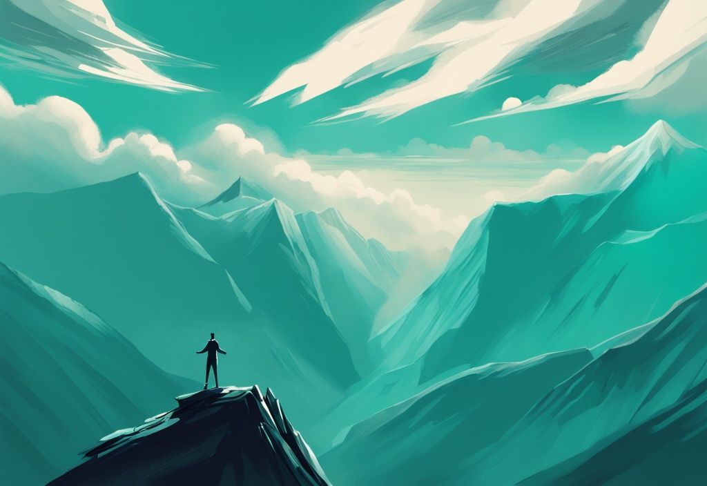 Ilustración digital moderna de una persona en la cima de una montaña con los brazos extendidos, rodeada de un panorama de valles y bosques, con tema de color principal en tonos de teal.