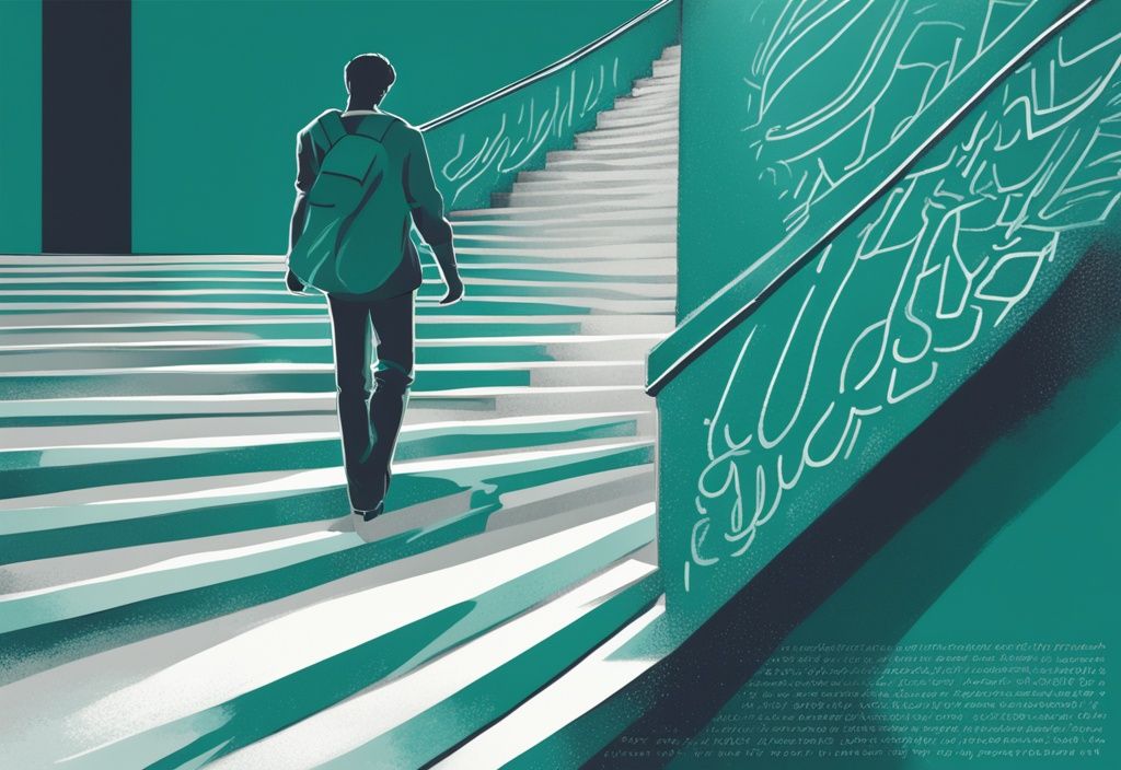 Ilustración digital moderna en tonos teal de una persona al pie de una escalera con peldaños grabados con palabras como "aprendizaje", "crecimiento", "perseverancia", simbolizando su viaje de desarrollo personal.