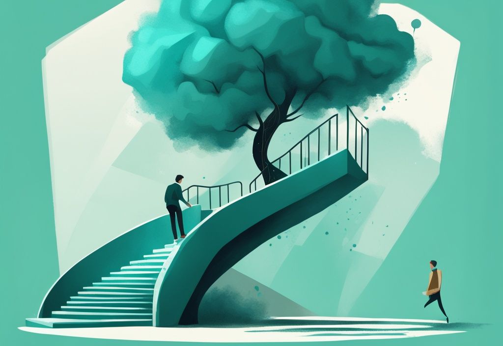 Ilustración digital moderna de una persona subiendo una escalera con pasos que representan el desarrollo personal como aprendizaje, determinación, establecimiento de metas y un árbol floreciente en la cima simbolizando los resultados del desarrollo personal, con tema de color principal en tonos de teal.