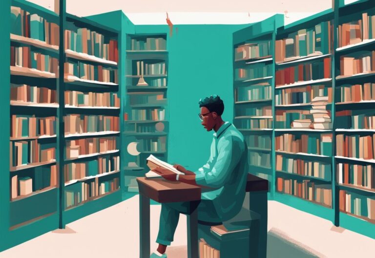 Ilustración digital moderna en tonos teal de una persona leyendo libros sobre temas de desarrollo personal con un gráfico de crecimiento en el fondo.