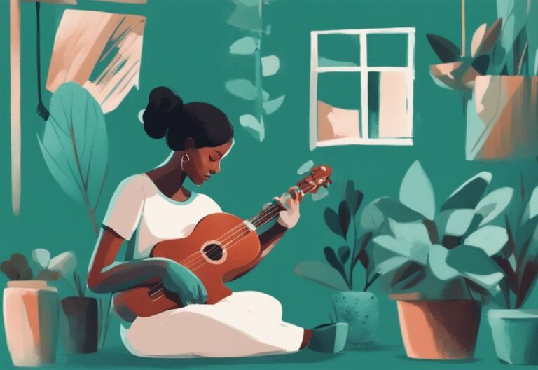 Ilustración digital moderna en tonos teal de una persona dedicada a una actividad personal como pintar, tocar un instrumento musical o jardinería.